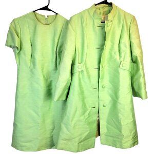 Vintage 60s Mod Silk Set Women 10 Medium Green Peacoat Jacket Knee Length Dress